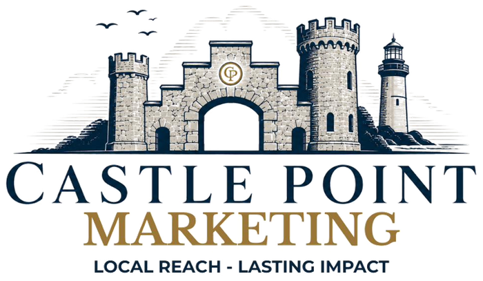 Castle Point Marketing logo: a stone gateway with towers and a lighthouse, with the tagline Local Reach - Lasting Impact
